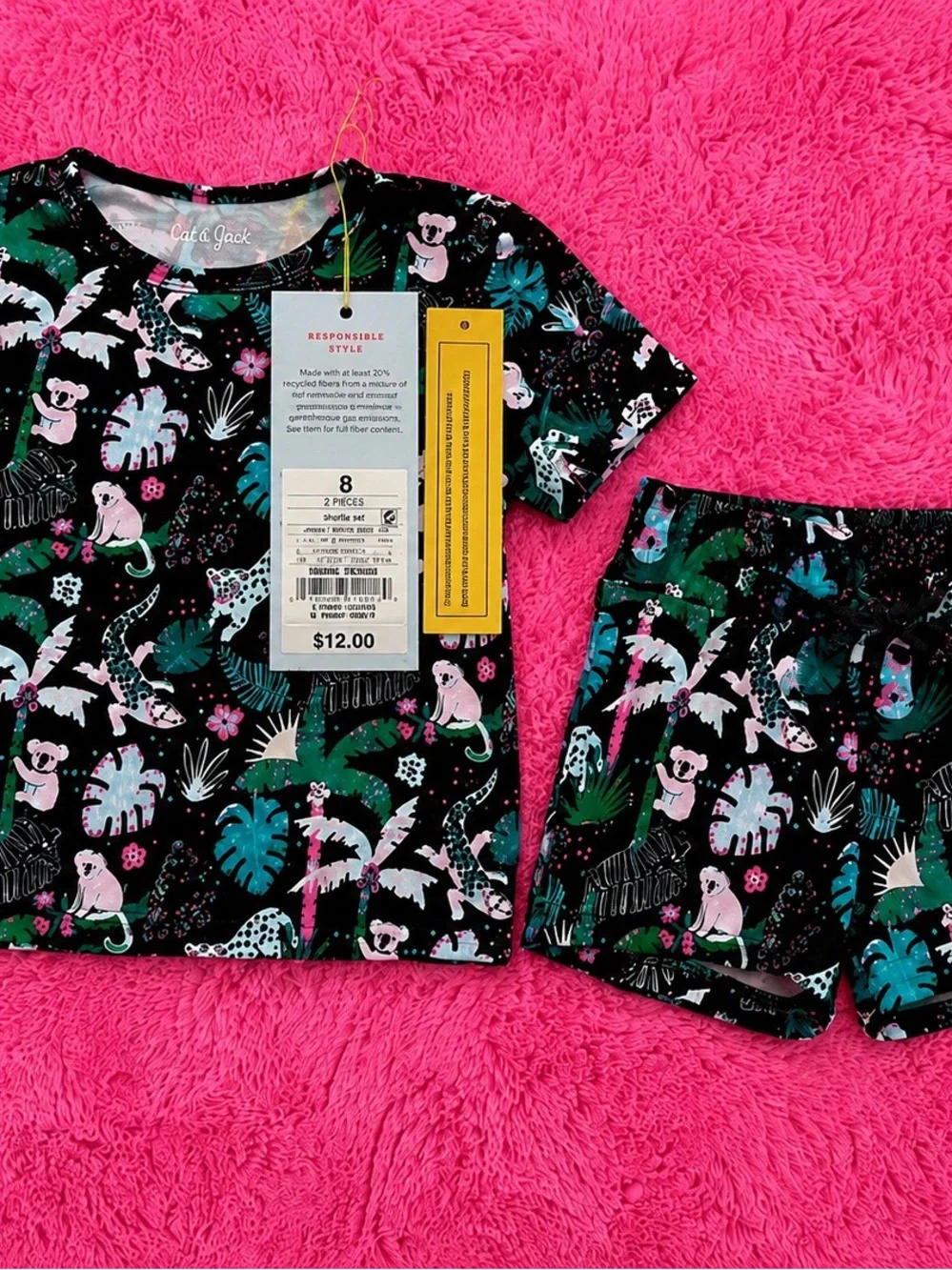 Tropical Animal Print Short Pajama Set - Black with Pink & Green girls size 12